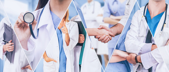 Wall Mural - Healthcare people group. Professional doctor working in hospital office or clinic with other doctors, nurse and surgeon. Medical technology research institute and doctor staff service concept.