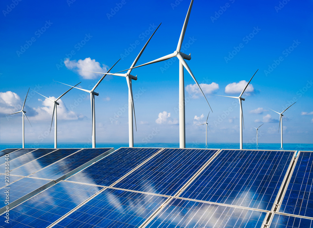 Solar energy panel photovoltaic cell and wind turbine farm power generator in nature landscape for production of renewable green energy is friendly industry. Clean sustainable development concept. - obrazy, fototapety, plakaty 