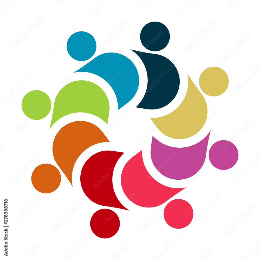 People logo. Group teamwork symbol of eight persons On White 