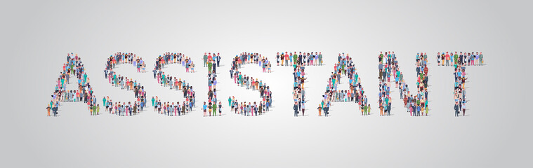 Poster - people crowd gathering in shape of assistant word different occupation employees mix race workers group standing together social media community concept flat horizontal