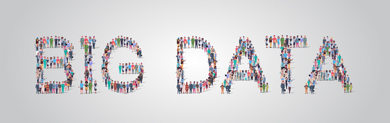 Poster - people crowd gathering in shape of big data word different occupation employees mix race workers group standing together social media community concept flat horizontal