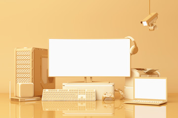 Fototapete - Computer and loptop white screen with many gadgets on teble in pastel yellow tone. 3d rendering