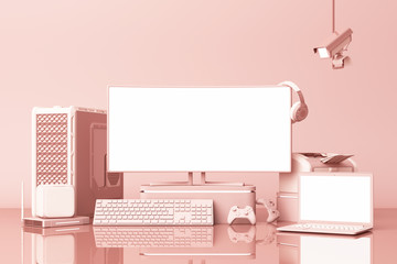 Fototapete - Computer and loptop white screen with many gadgets on teble in pastel pink tone. 3d rendering