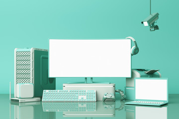 Fototapete - Computer and loptop white screen with many gadgets on teble in pastel green tone. 3d rendering