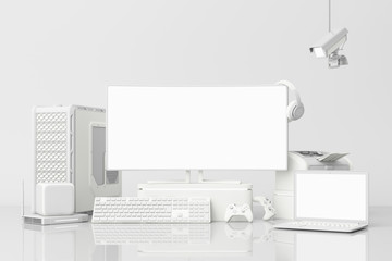 Fototapete - Computer and loptop white screen with many gadgets on teble in white tone. 3d rendering