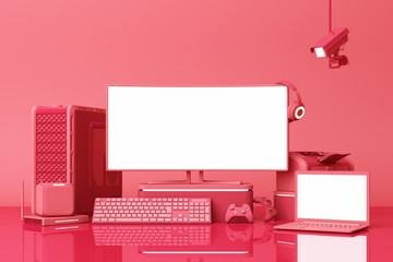 Fototapete - Computer and loptop white screen with many gadgets on teble in red tone. 3d rendering