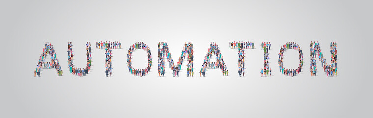 Poster - people crowd gathering in shape of automation word different occupation employees mix race workers group standing together social media community concept flat horizontal