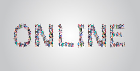 Poster - people crowd gathering in shape of online word different occupation employees mix race workers group standing together social media community concept flat horizontal