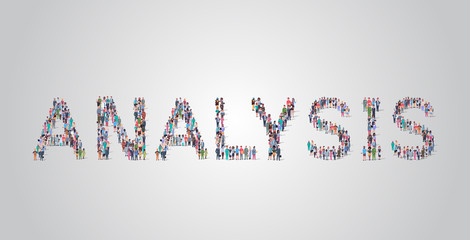 Poster - people crowd gathering in shape of analysis word different occupation employees mix race workers group standing together social media community concept flat horizontal