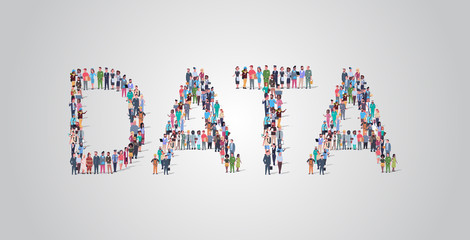 Poster - people crowd gathering in shape of data word different occupation employees mix race workers group standing together social media community concept flat horizontal