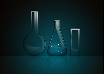 Wall Mural - Abstract transparent glass flask with a mysterious substance and two empty glass flasks isolated on a dark background. Chemical and biological experiments.