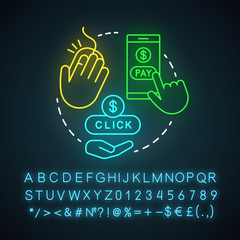 Sticker - PPC neon light icon. Digital marketing tactic. Pay per click. Internet advertising model. Marketing strategy. Glowing sign with alphabet, numbers and symbols. Vector isolated illustration