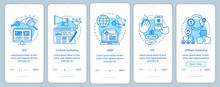 Digital Marketing Tactics Blue Onboarding Mobile App Page Screen Vector Template. SEO,SMM, PPC Walkthrough Website Steps With Linear Illustrations. UX, UI, GUI Smartphone Interface Concept
