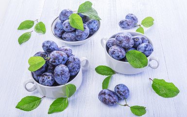 Freshly picked homegrown organic plums from the tree with leaves on rustic white wooden table in studio.