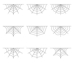 Set of half spider web isolated on white background. Halloween spiderweb elements. Collection cobweb line style. Vector illustration for any design.