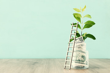 Business image of savings jar and ladder, money investment and financial growth concept