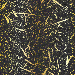 Wall Mural - Golden shiny speckles on dark background. Rice paper.  Grungy recycled speckled elements natural terrazzo camouflage textured surface seamless repeat vector pattern. Grunge, cement, concrete.  Gravel.