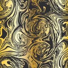 Shiny Golden Marble Seamless Repeat Vector Pattern.  Liquid Gold Foil Gradient On Black Background.  Great For Elegant Wedding Invitations Or A Striking Background.