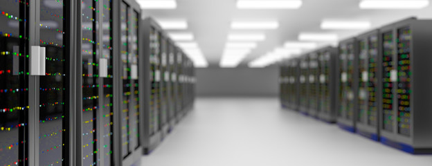 Server room data center. Backup, hosting, mainframe, farm and computer rack with storage information. 