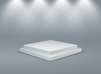 Aufkleber - Square illuminated podium. Stage pedestals winner scene. Vector 3D two-stage platform with lighting on gray background