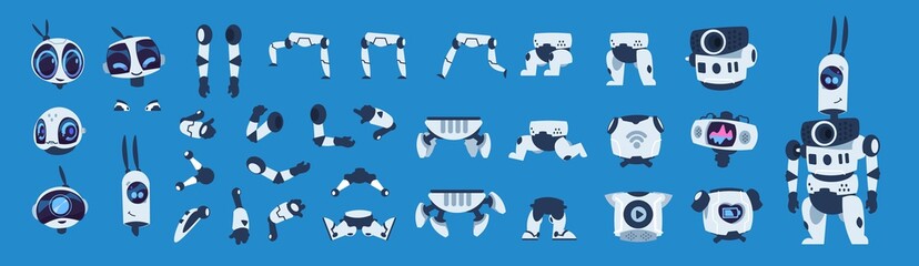 robot elements. cartoon android character animation set, futuristic machine constructor with differe