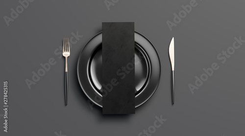 Download Blank Dark Checklist Mockup On Plate With Cutlery Top View Isolated 3d Rendering Clear Black Deluxe