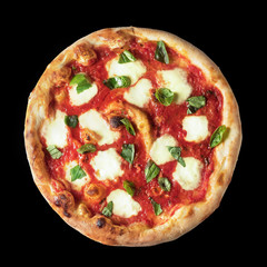 Top view of Pizza Margherita on black background. Classic Italian Pizza Margarita with Tomato sause, Basil and Mozzarella Cheese background