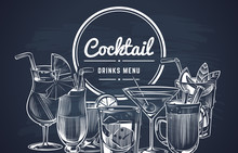 Sketch Cocktail Background. Hand Drawn Alcohol Cocktails Drinks Bar Menu, Cold Drinking Restaurant Beverages Set. Vector Design