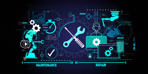 maintenance and repair about assistance and servicing of equipments on blue background