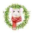 Cartoon mouse in a red scarf with nice winter Christmas mistletoe wreath watercolor illustration. Cute little cartoon rat a simbol of chinese zodiac 2020 new year isolated on white background.