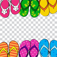 Summer Funny Transparent Background With Bright Colorful Flip Flop, Foot Wear. Comic Book Style, Space For Your Text. Vector Illustration