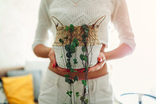 Woman Holding Basket With String Of Hearts At Home. Housewife Taking Care Of Home Plants And Flowers.