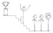 Vector cartoon stick figure drawing conceptual illustration of businessman climbing up the stairs for the winner's trophy, while business team is applauding and clapping.