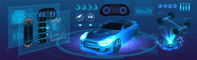 Auto Service Of The Future, High-tech Diagnostics Car In The Style Of HUD. Autonomous Car Vehicle With Infographic. Isometric Smart Car Banner. HUD UI Interface Elements. Vector Illustration