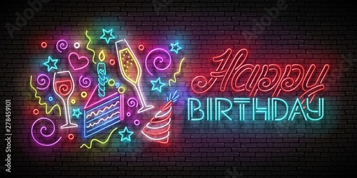 Greeting Card with Piece of Cake, Champagne, Confetti and Happy Birthday Inscrip Wallpaper Mural