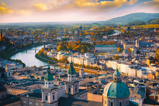 beautiful of aerial panoramic view in a autumn season at a historic city of salzburg with salzach ri