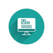 © Oksana - White Computer monitor with resume icon isolated with long shadow. CV application. Searching professional staff. Analyzing personnel resume. Green circle button. Vector Illustration