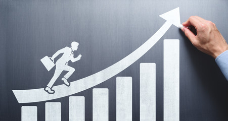 Aufkleber - Business development and leadership concept. Business education. Drawing growth chart, arrow and running businessman on chalkboard.