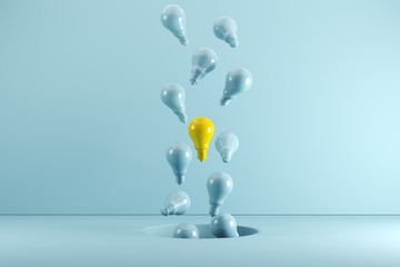 Wall Mural - A Yellow Light bulb Floating among blue light bulbs from hole. Idea concept Creative. 3D render