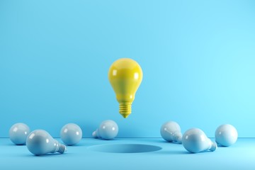Wall Mural - A yellow Light bulb floating on hole Surrounded with blue light bulbs. Idea creative Concept. 3D render.