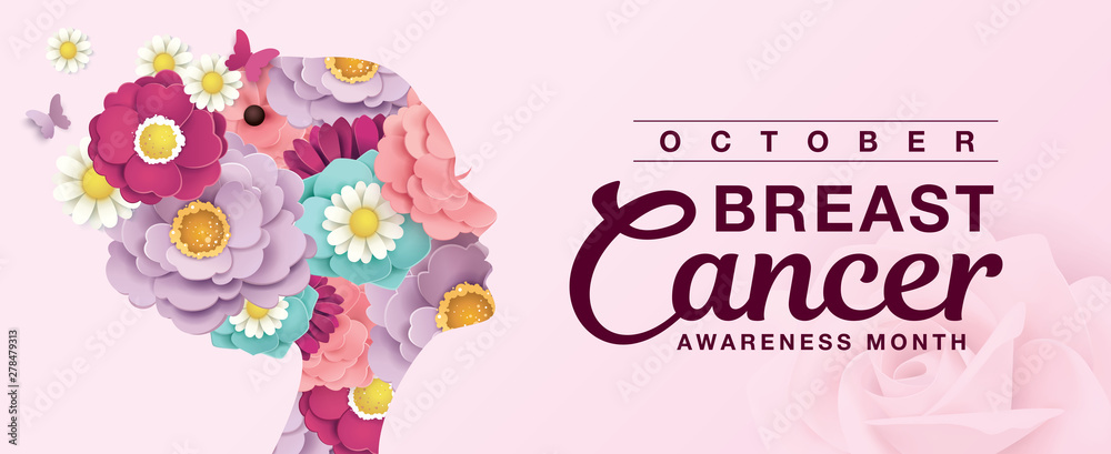 Breast Cancer Awareness Month poster design with silhouette of woman's head and flowers - obrazy, fototapety, plakaty 