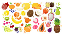 Set Of Colorful Hand Draw Fruits - Tropical Sweet Fruits, And Citrus Fruit Illustration. Apple, Pear, Orange, Banana, Papaya, Dragon Fruit, Lichee And Other. Vector Colored Sketch Isolated