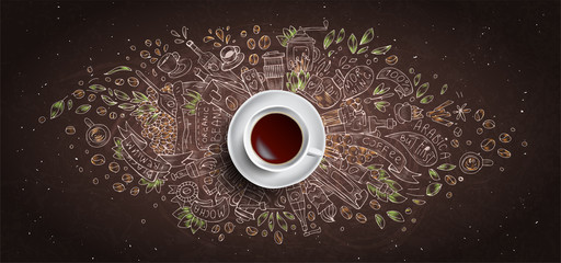 Wall Mural - Coffee chalk illustrated concept on black board background - white coffee cup, top view with chalk doodle illustration about coffee, beans, morning, espresso in cafe, breakfast. Morning coffee vector