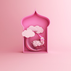 Wall Mural - Cartoon sheep, arabic window, cloud, crescent moon on pink pastel background copy space text. Design creative concept for islamic celebration day ramadan kareem or eid al fitr adha. 3d illustration.