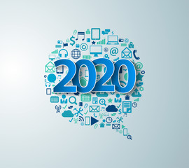 2020 new year with app icons technology business software and social media networking service concep