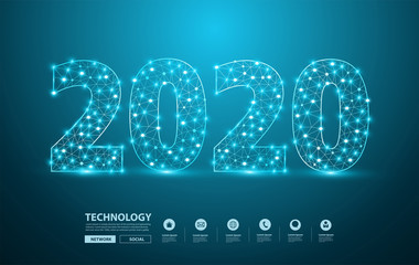 Fototapete - 2020 new year text design with mesh stylish alphabet letters numbers, Graphic background communication structure with connected dots lines, Vector illustration