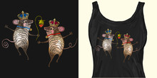 Embroidery Mouse King And Queen. Two Cheerful Mice Are Danced In Flowers. Trendy Apparel Design. Template For Fashionable Clothes, Modern Print For T-shirts, Apparel Art