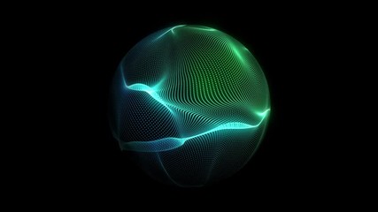 Poster - animation of glowing neon wavy sphere. green and blue color.