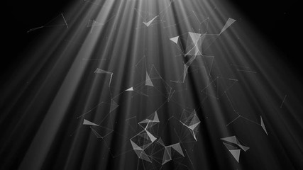 Wall Mural - Spotlight white rays. Light beam and triangle particles. Bright silver motion background. 4k Animation.