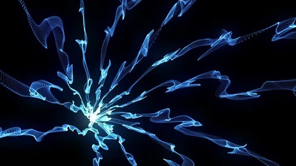 Poster - Abstract blue neon particle swirls. Wavy dotted lines. 4k Animation. Futuristic motion wallpaper